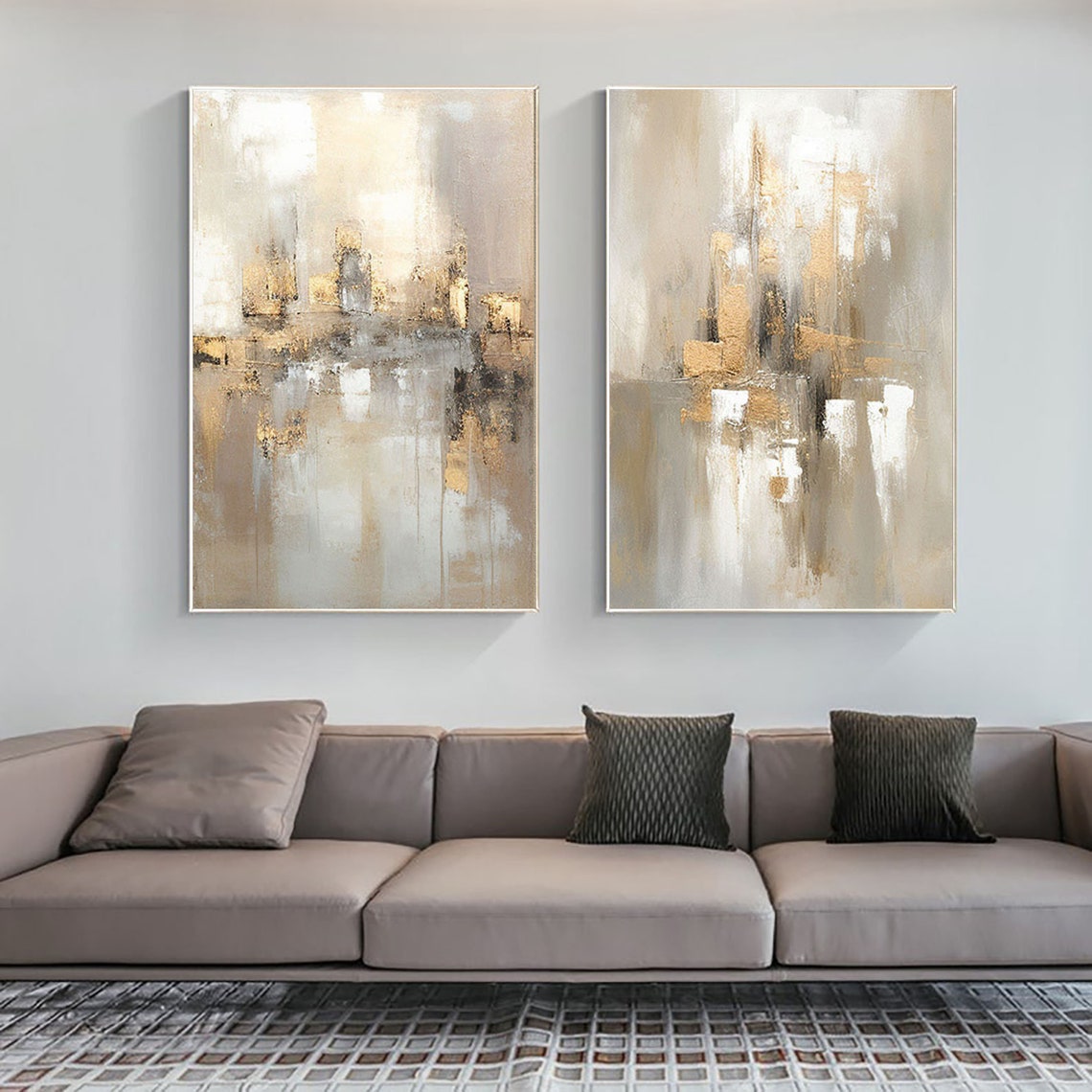 Elegant Gold and Cream Abstract Oil Painting Set for Modern Decor