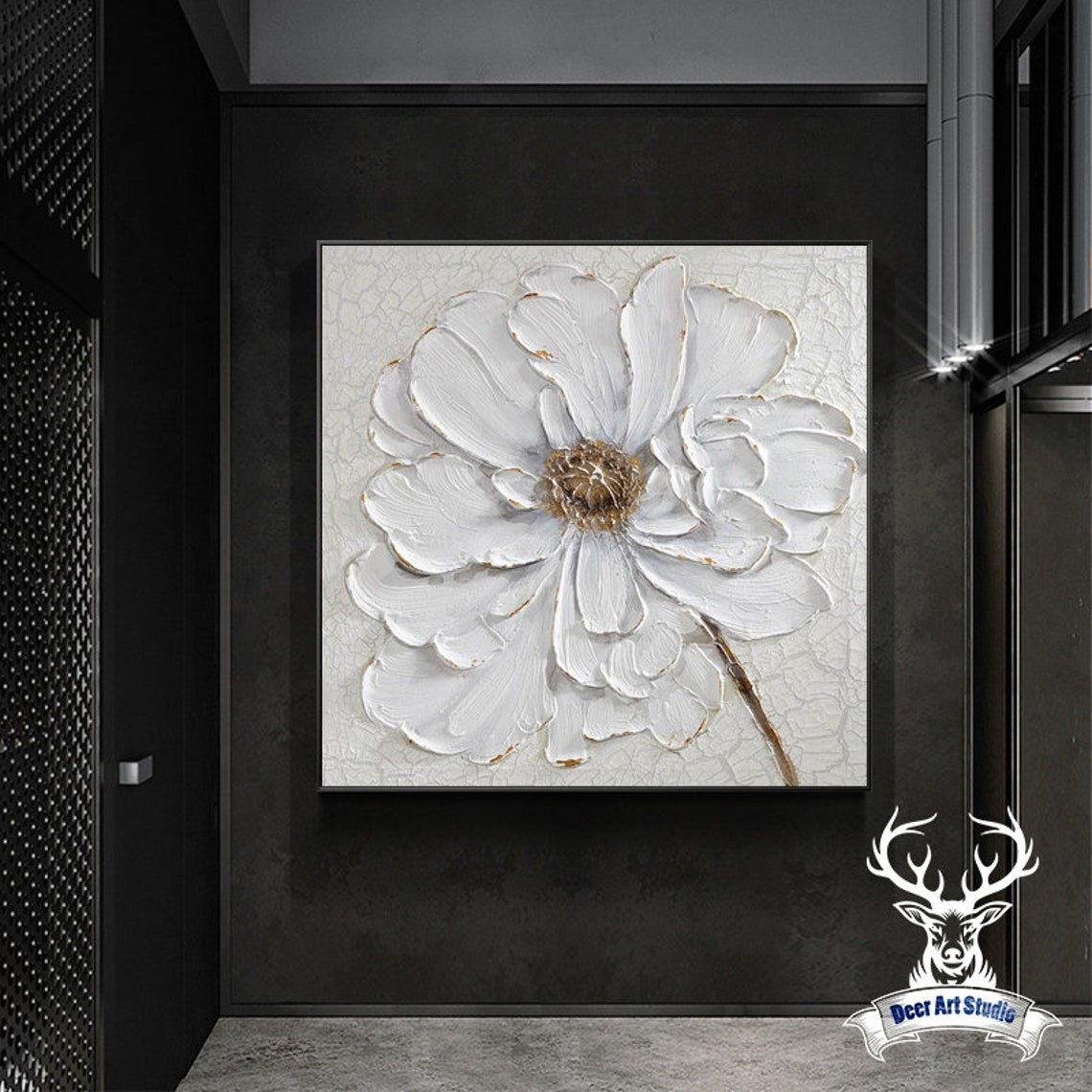 Elegant White Flower Oil Painting with Gilded Accents for Modern Home Decor