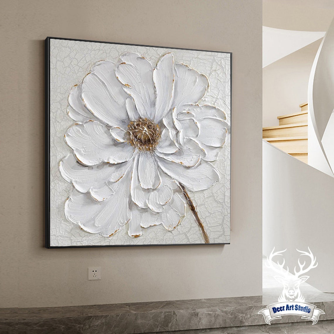 Elegant White Flower Oil Painting with Gilded Accents for Modern Home Decor