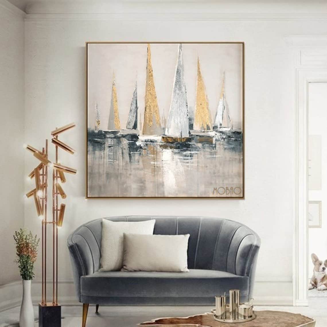 Elegant Sailboats Gliding in Calm Harbor Reflection - Modern Oil Painting