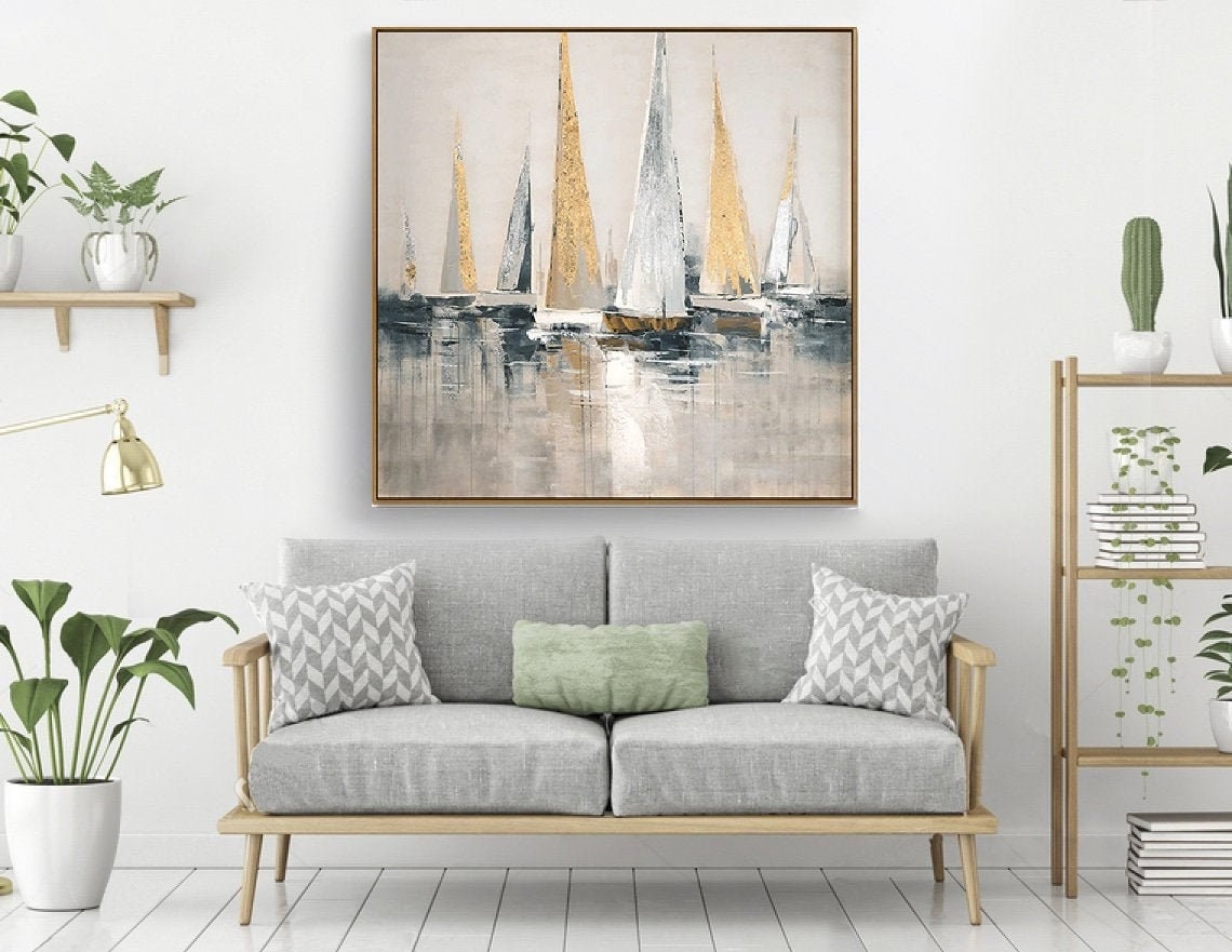 Elegant Sailboats Gliding in Calm Harbor Reflection - Modern Oil Painting