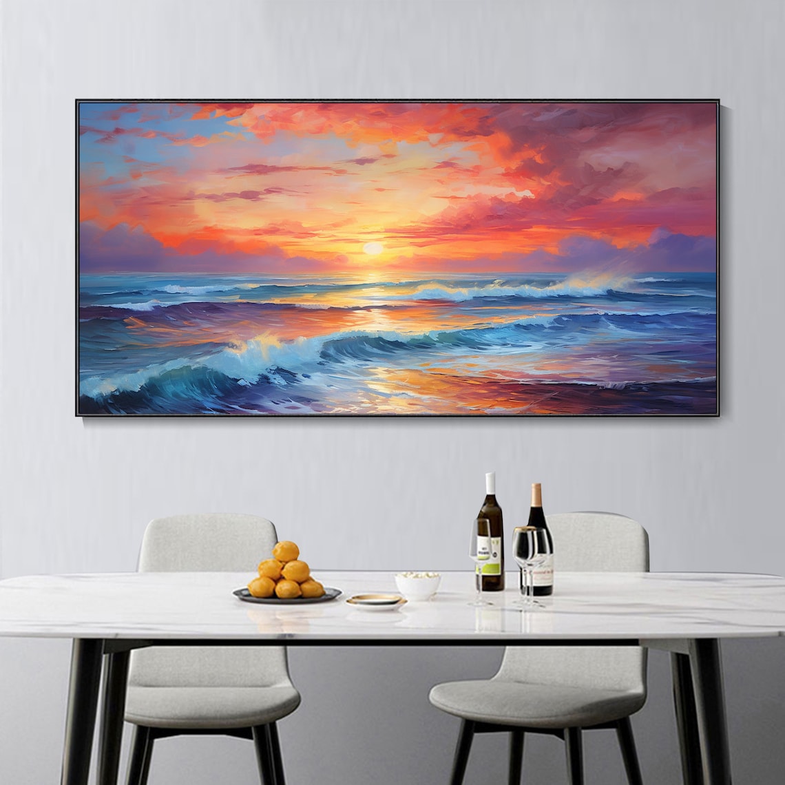Vibrant Sunset Seascape Oil Painting for Beach-Themed Home Decor