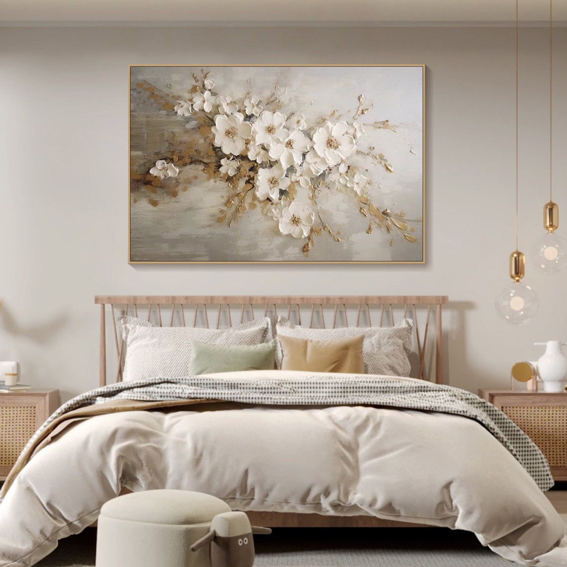 Elegant White Floral Oil Painting for Home Decor and Modern Interiors