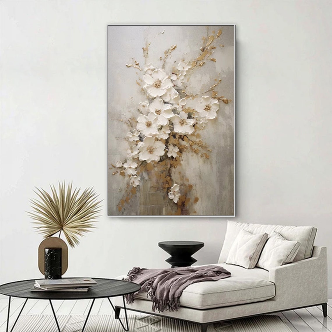 Elegant White Floral Oil Painting for Home Decor and Modern Interiors