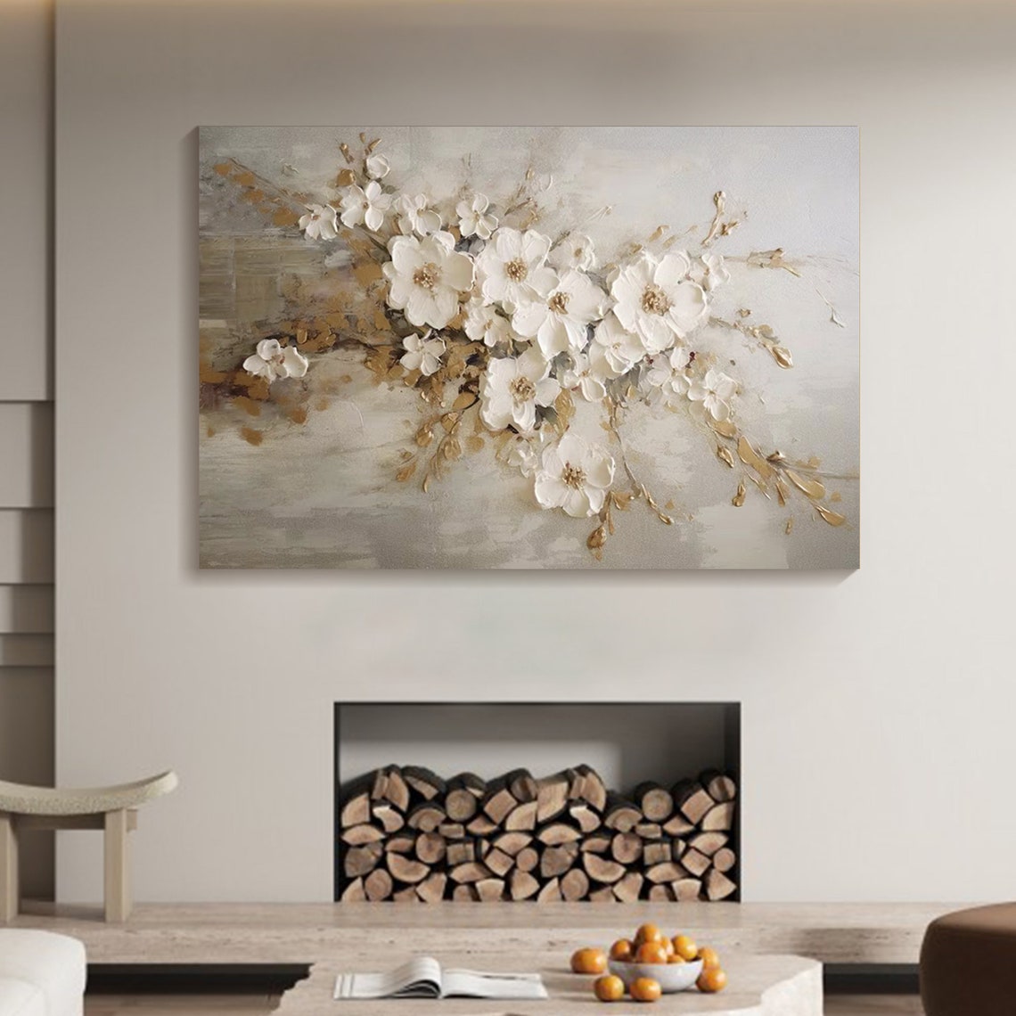 Elegant White Floral Oil Painting for Home Decor and Modern Interiors