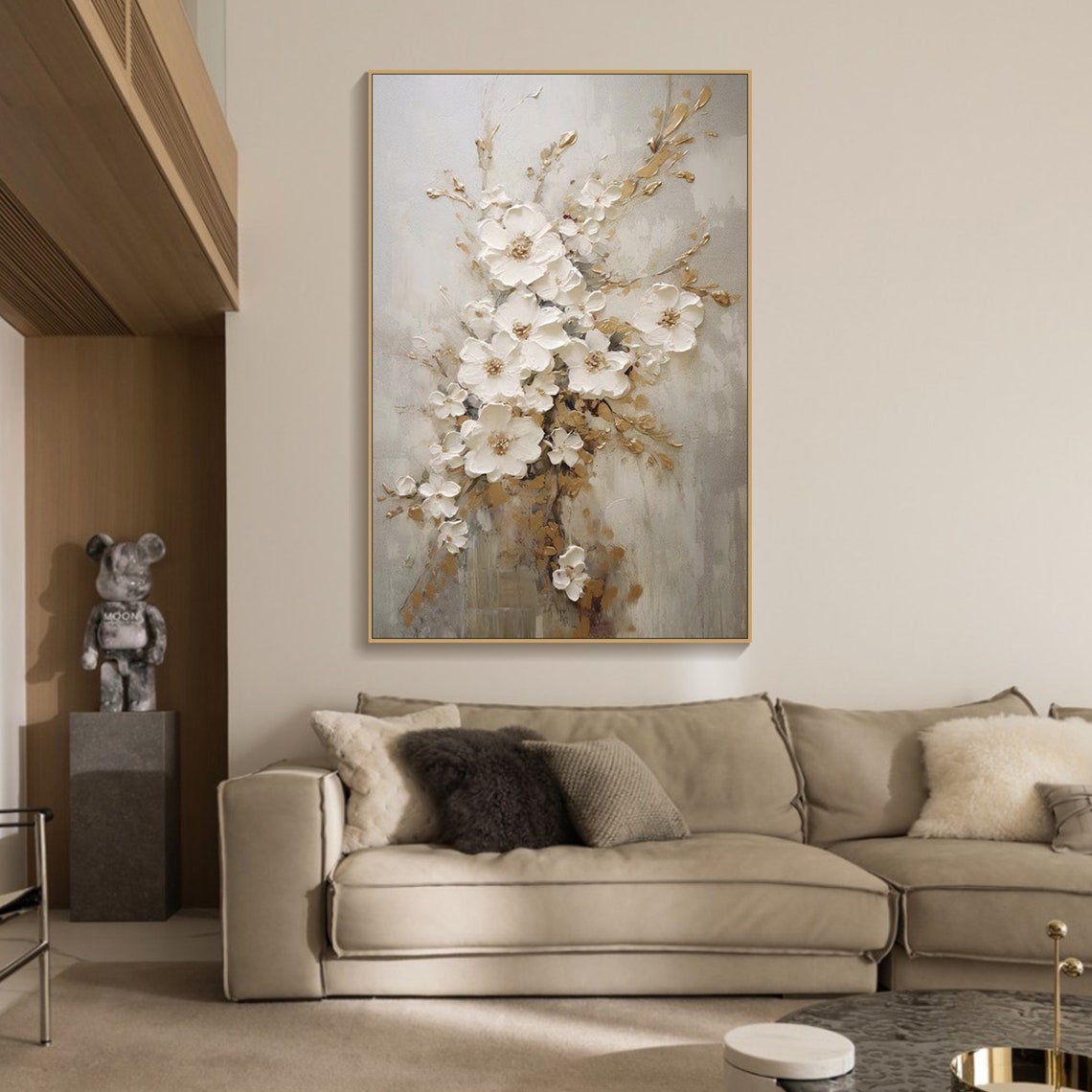 Elegant White Floral Oil Painting for Home Decor and Modern Interiors