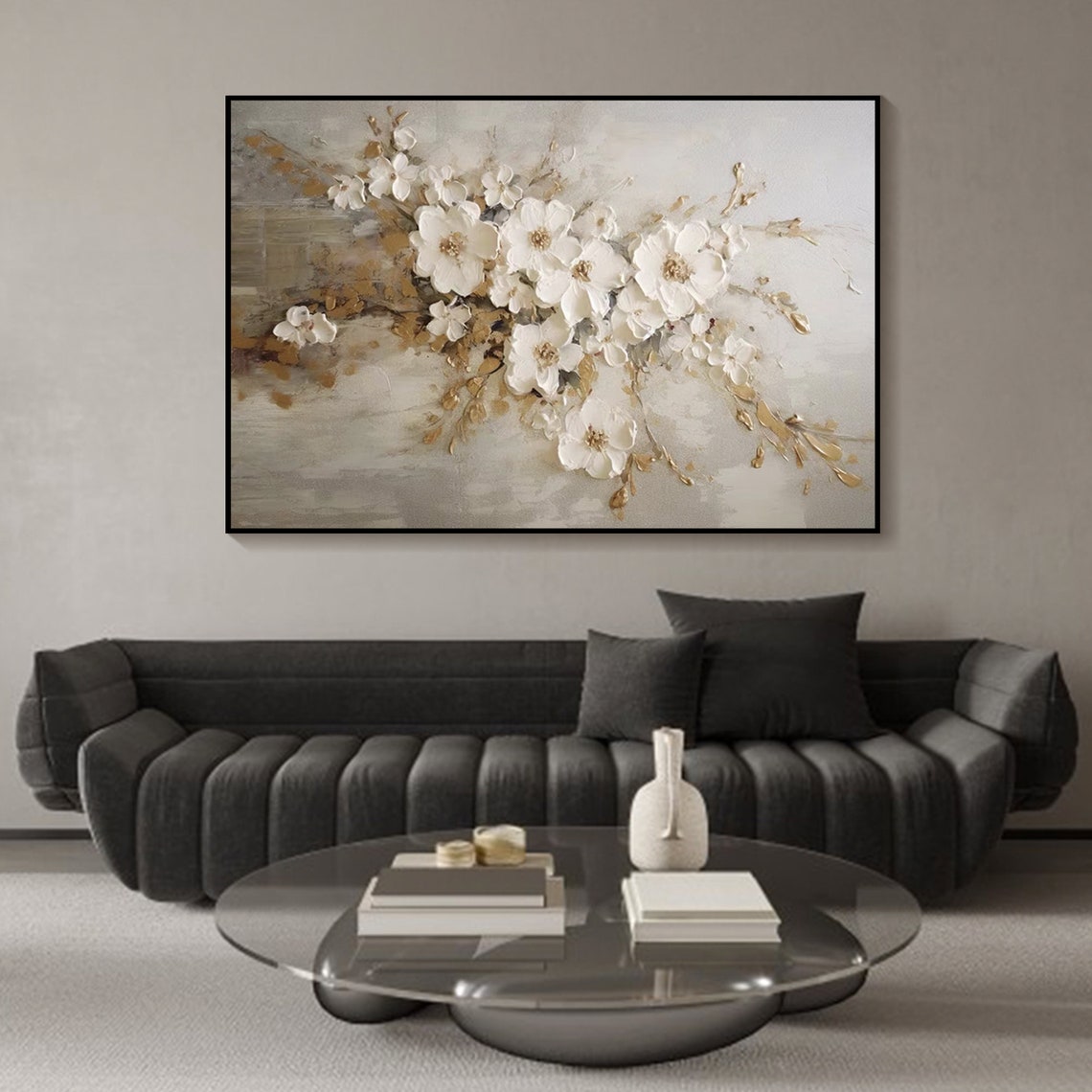 Elegant White Floral Oil Painting for Home Decor and Modern Interiors