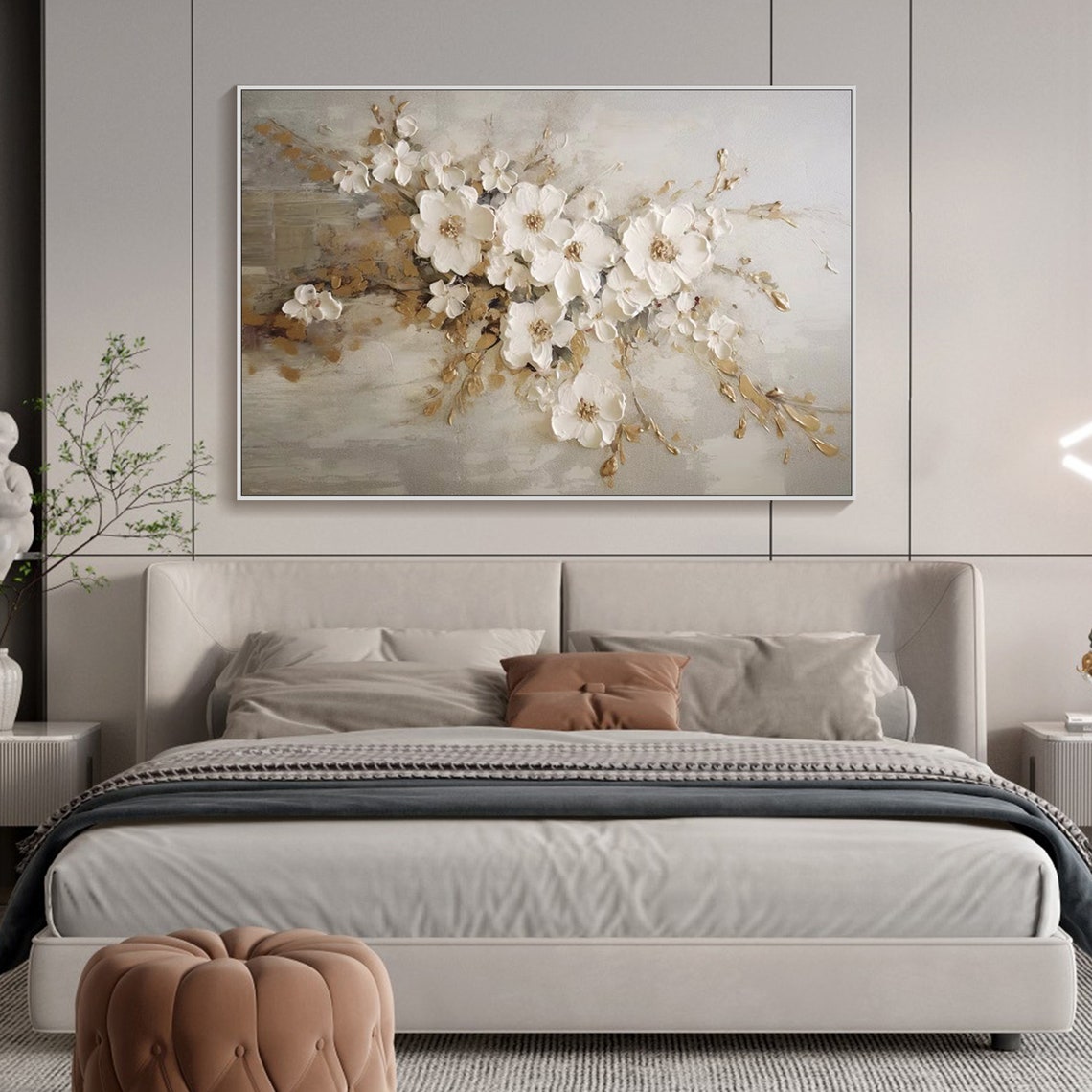 Elegant White Floral Oil Painting for Home Decor and Modern Interiors