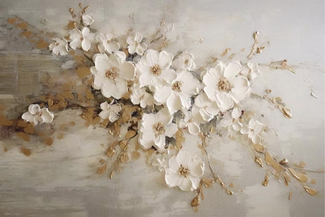 Elegant White Floral Oil Painting for Home Decor and Modern Interiors