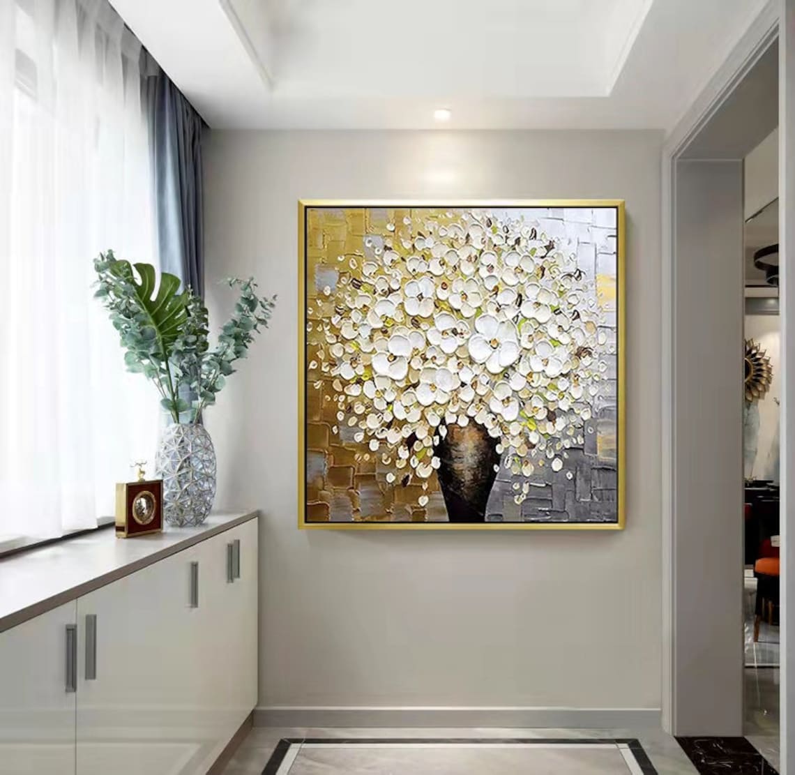 Elegant White Floral Oil Painting with Gold Accents for Home Decor