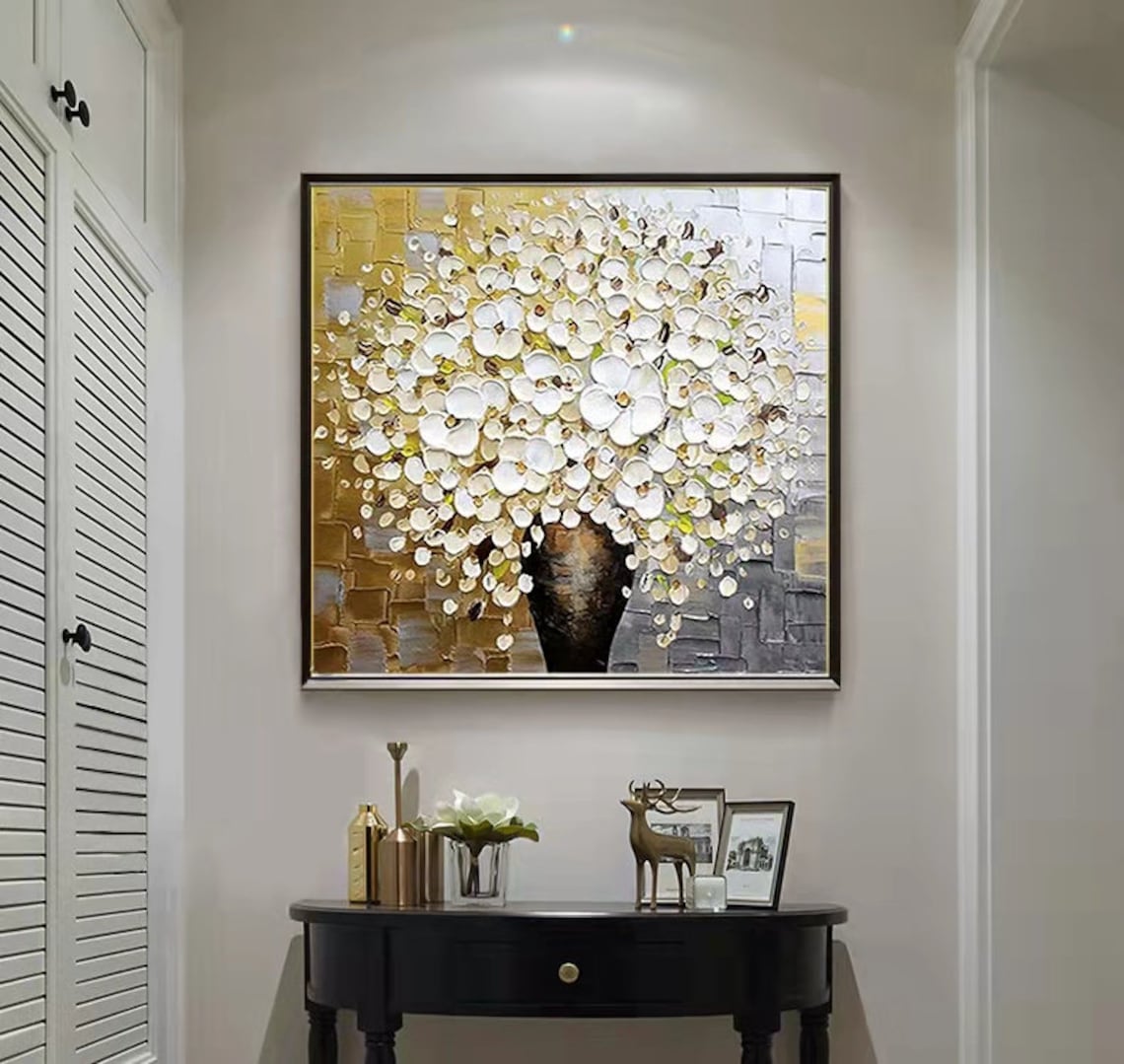 Elegant White Floral Oil Painting with Gold Accents for Home Decor