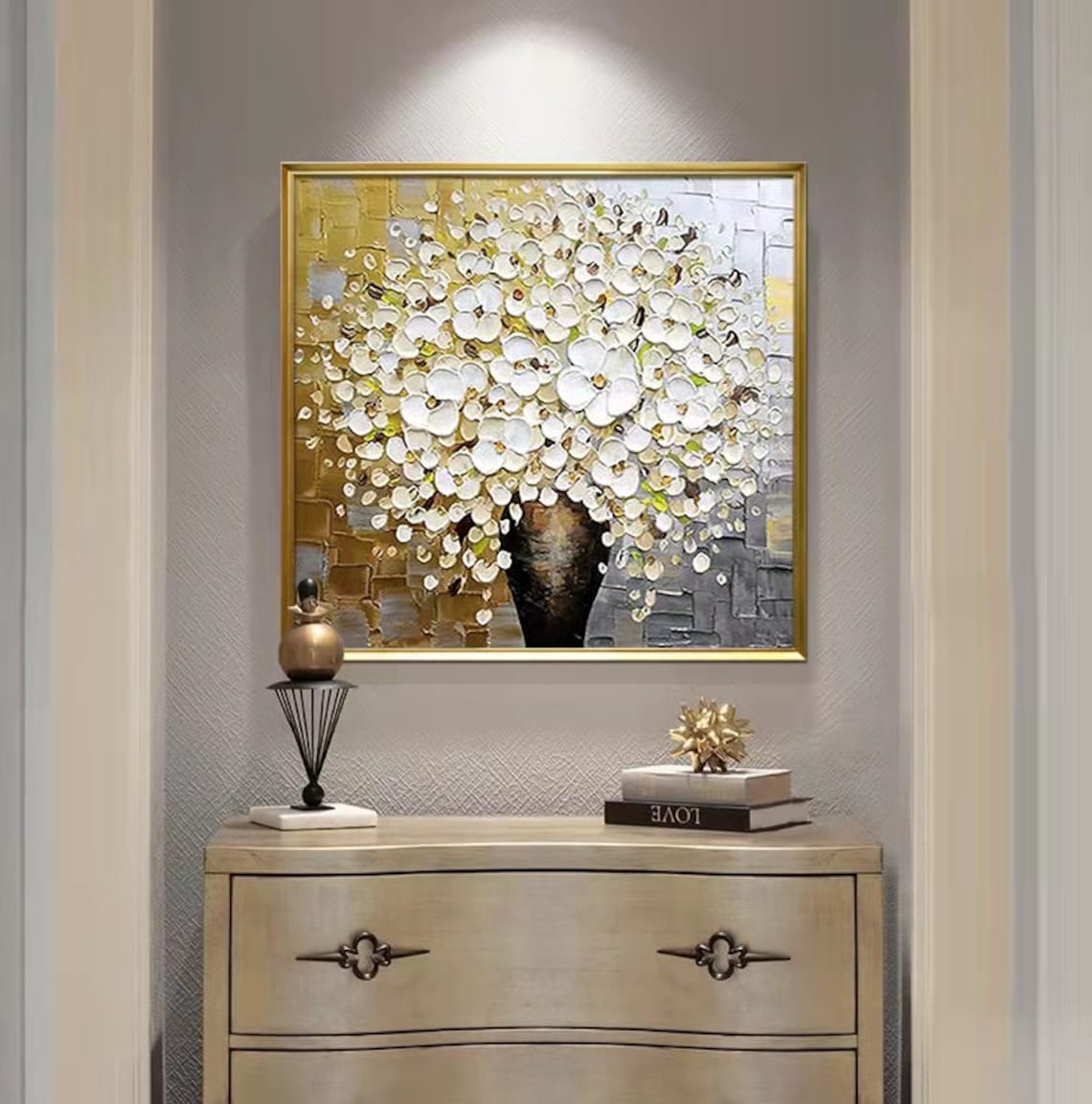 Elegant White Floral Oil Painting with Gold Accents for Home Decor