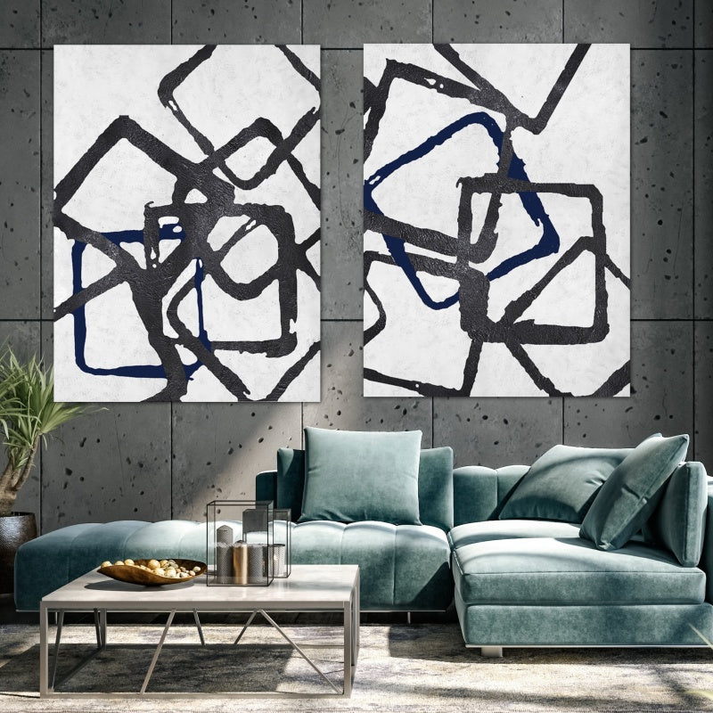 Modern Abstract Oil Painting with Intertwined Geometric Shapes in Black and Blue