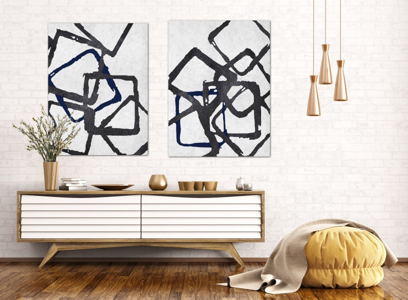 Modern Abstract Oil Painting with Intertwined Geometric Shapes in Black and Blue