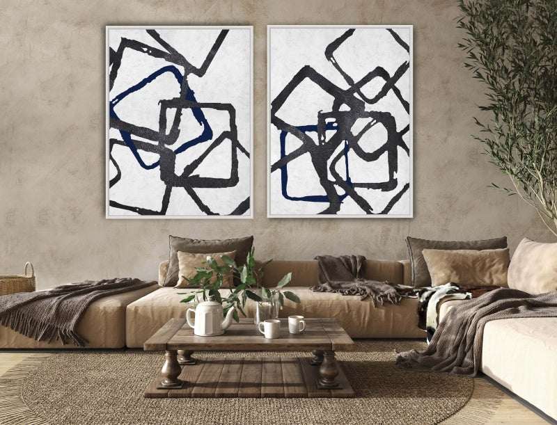Modern Abstract Oil Painting with Intertwined Geometric Shapes in Black and Blue