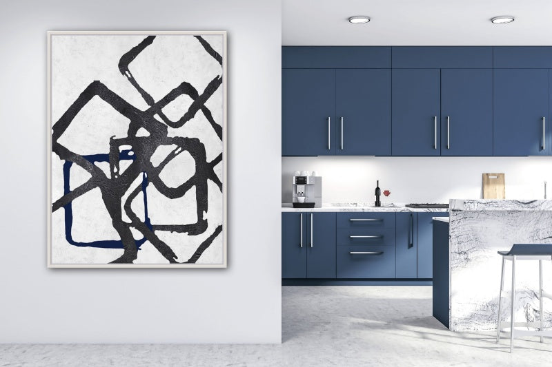 Modern Abstract Oil Painting with Intertwined Geometric Shapes in Black and Blue