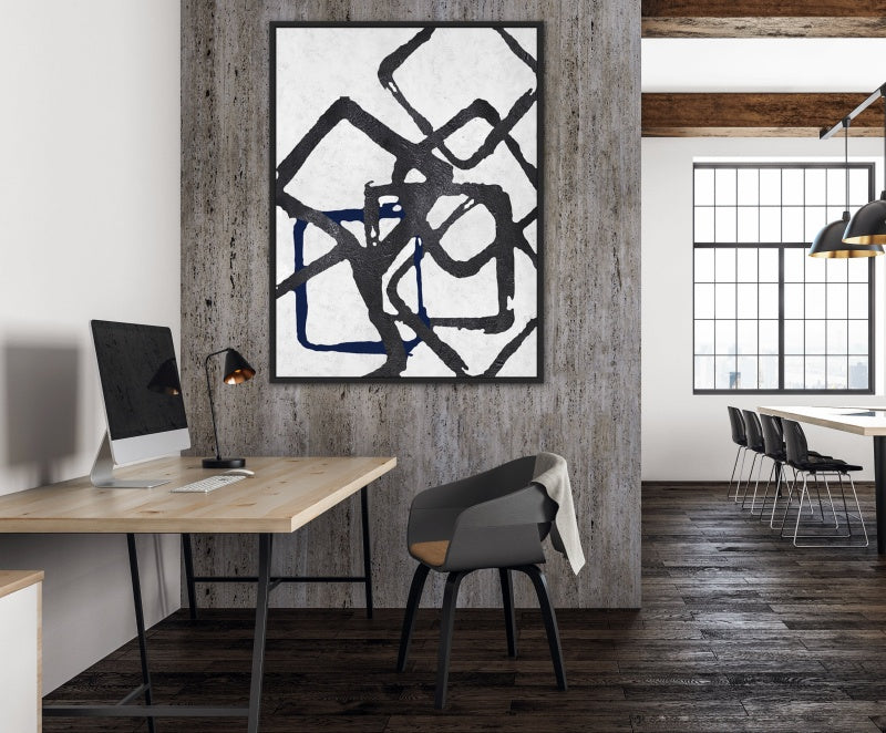 Modern Abstract Oil Painting with Intertwined Geometric Shapes in Black and Blue