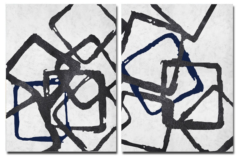 Modern Abstract Oil Painting with Intertwined Geometric Shapes in Black and Blue