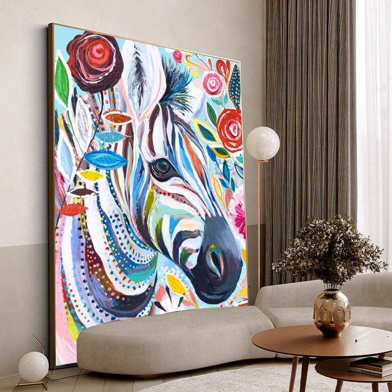 Vibrant Colorful Zebra Oil Painting with Floral Accents for Unique Home Decor