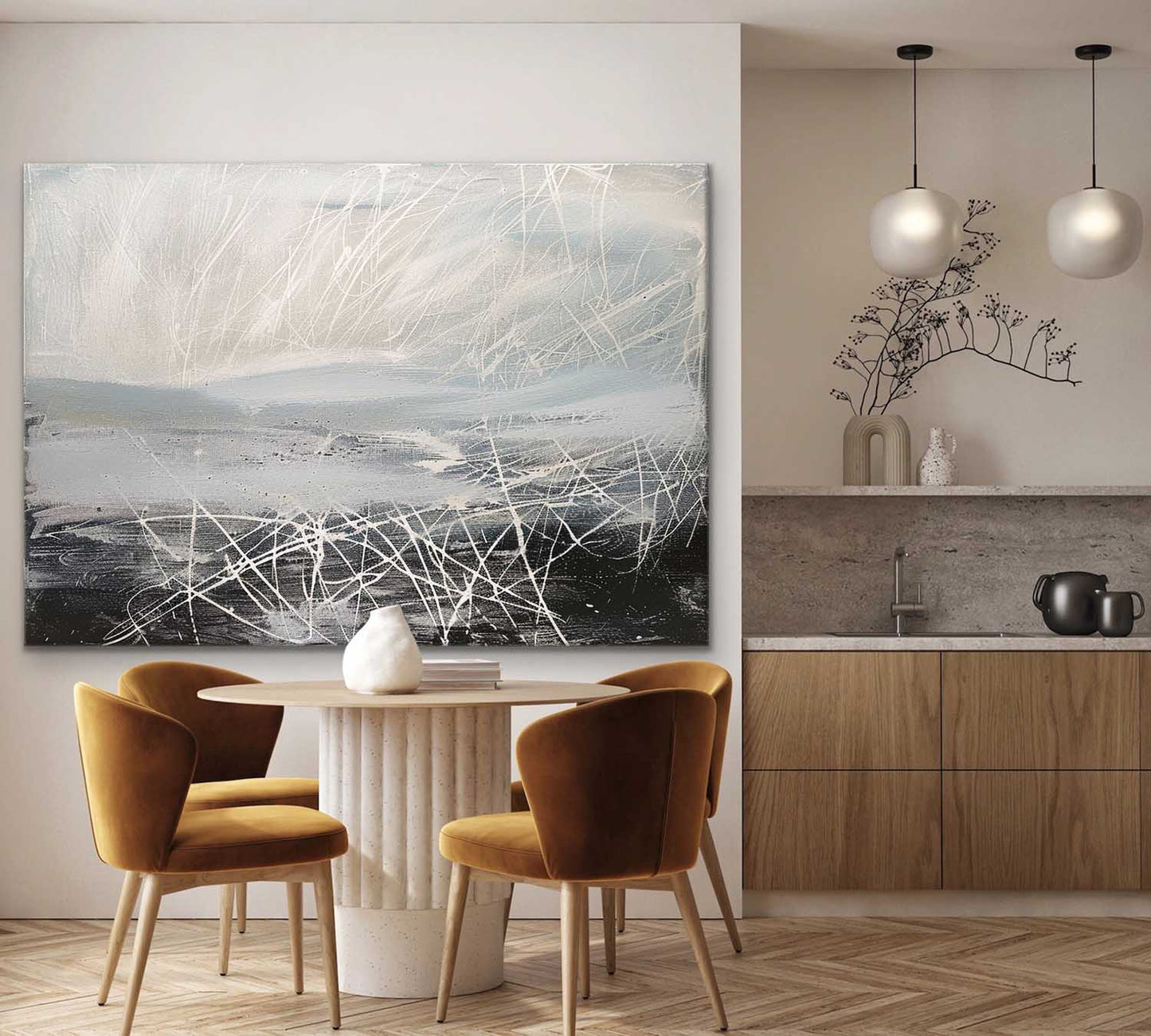Contemporary Abstract Oil Painting with Dynamic Lines and Soft Color Palette