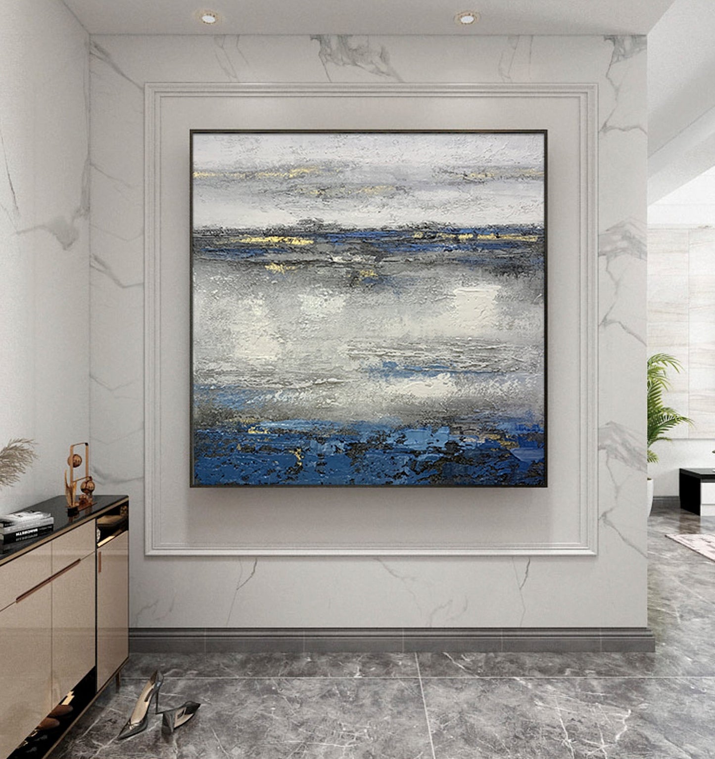 Coastal Serenity: Abstract Blue and Silver Oil Painting for Modern Decor