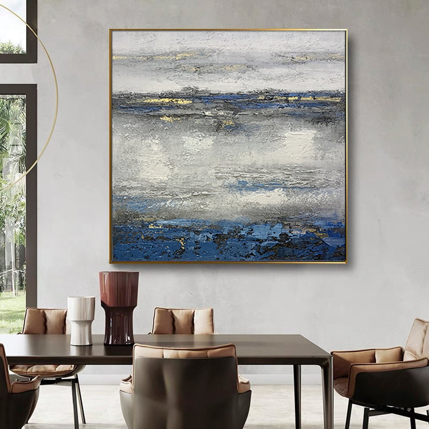 Coastal Serenity: Abstract Blue and Silver Oil Painting for Modern Decor
