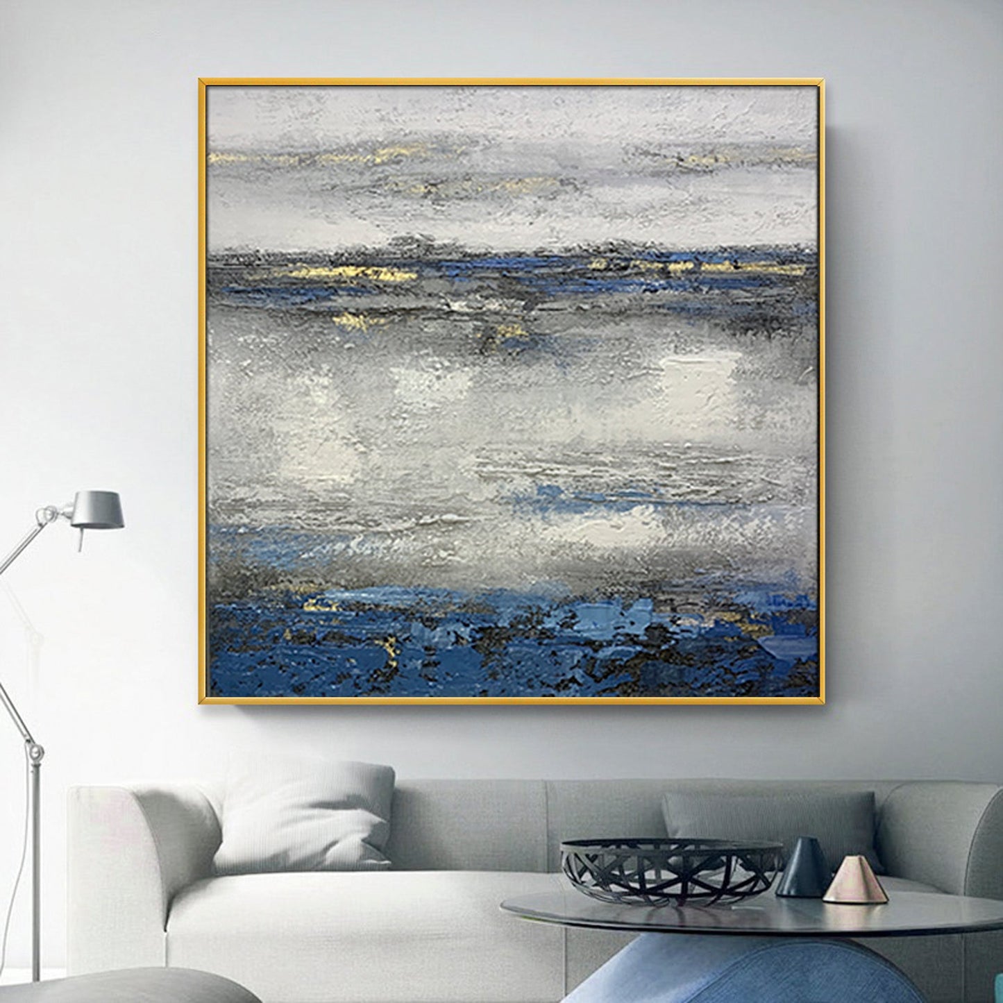 Coastal Serenity: Abstract Blue and Silver Oil Painting for Modern Decor