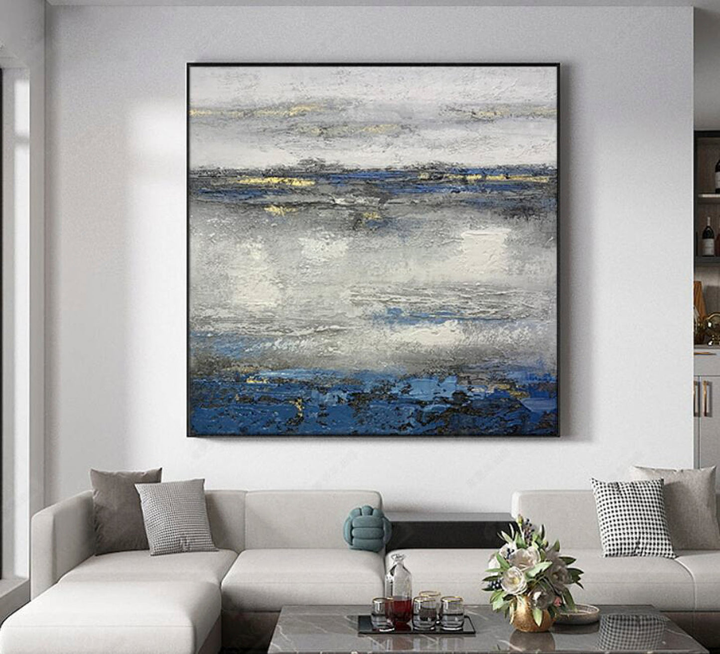 Coastal Serenity: Abstract Blue and Silver Oil Painting for Modern Decor