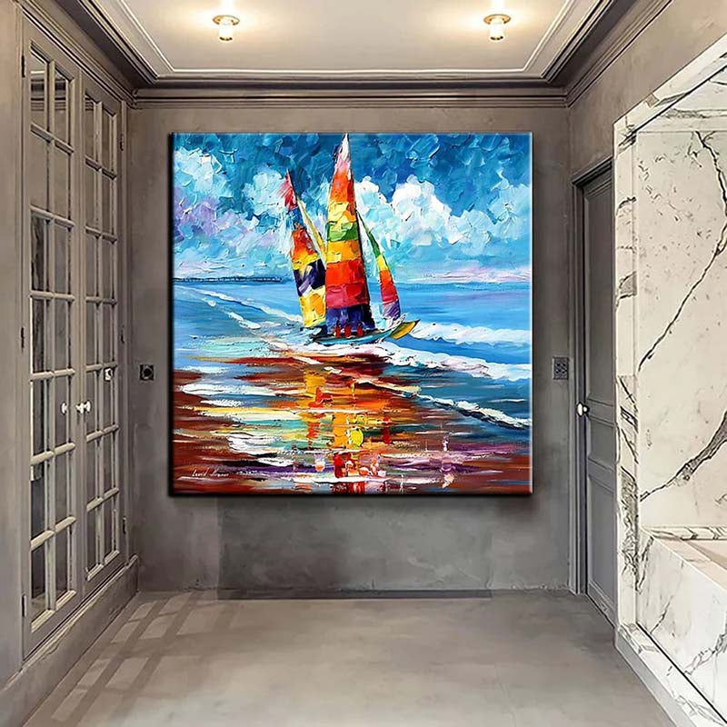 Colorful Sailboat on Vibrant Water - Stunning Oil Painting for Nautical Decor