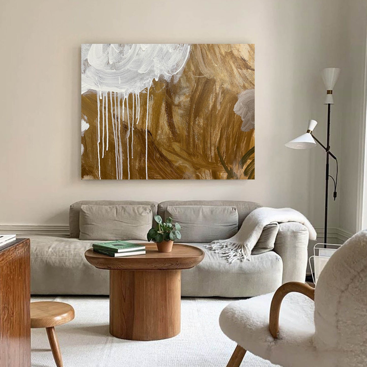 Contemporary Gold and White Abstract Oil Painting for Modern Decor