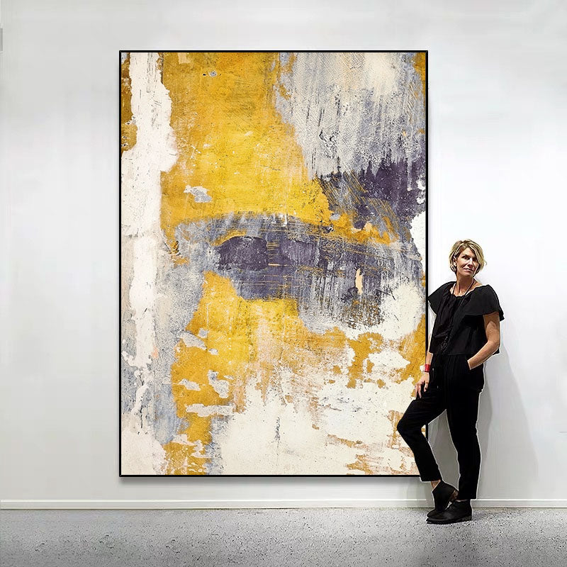 Abstract Yellow and Purple Oil Painting for Modern Home Decor