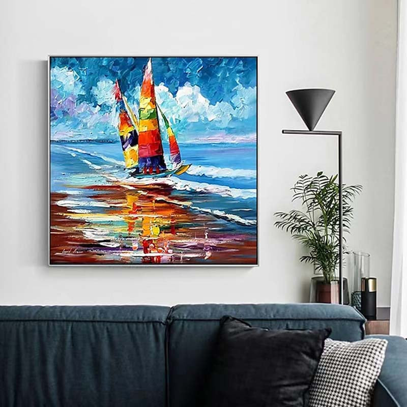 Colorful Sailboat on Vibrant Water - Stunning Oil Painting for Nautical Decor