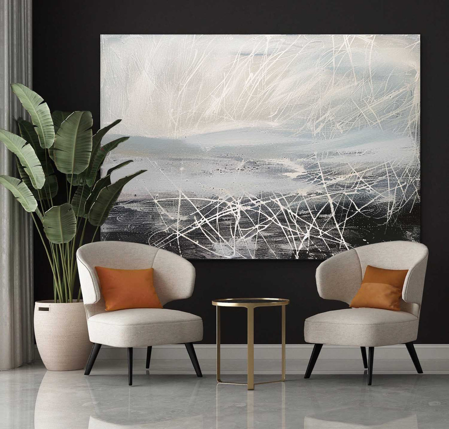 Contemporary Abstract Oil Painting with Dynamic Lines and Soft Color Palette
