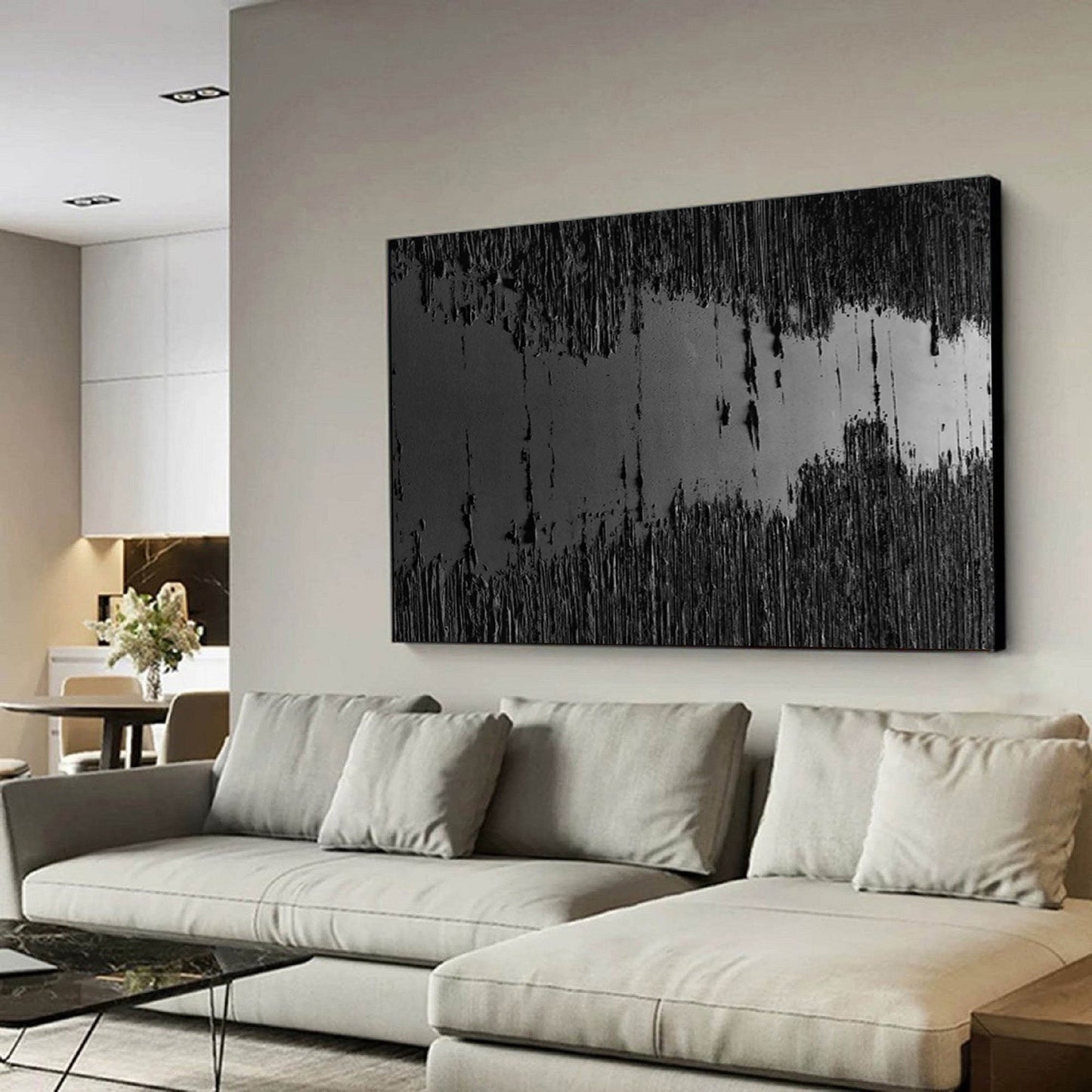 Large Black Textured Oil Painting - Modern Minimalist Canvas Artwork for Contemporary Spaces