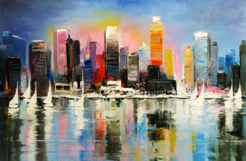 Vibrant Cityscape Oil Painting with Sailboats and Reflections