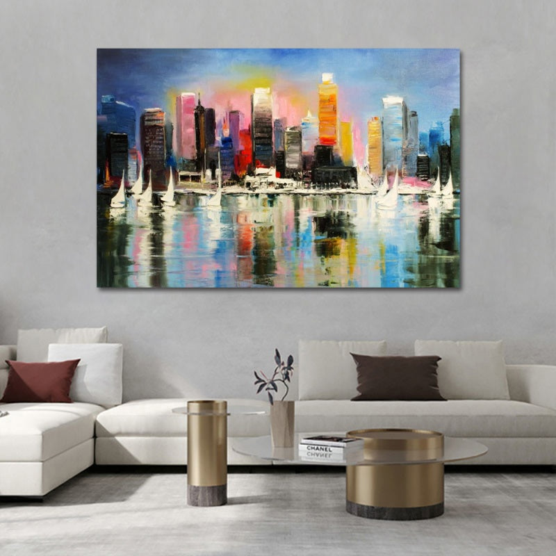 Vibrant Cityscape Oil Painting with Sailboats and Reflections