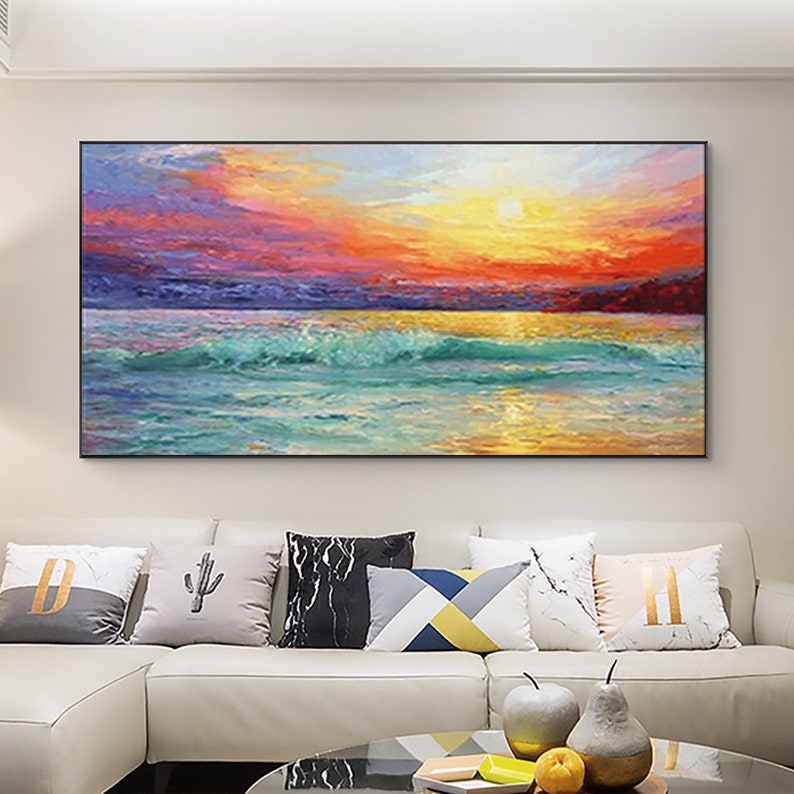 Vibrant Coastal Sunset: Oil Painting of Serene Beach and Colorful Sky