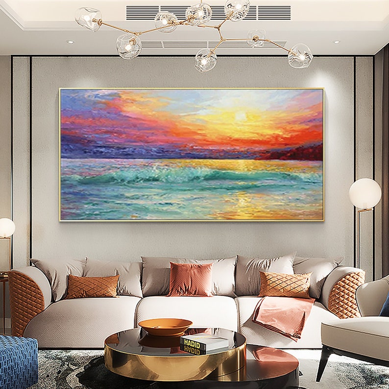 Vibrant Coastal Sunset: Oil Painting of Serene Beach and Colorful Sky