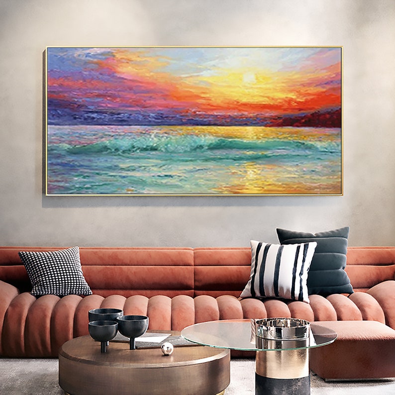 Vibrant Coastal Sunset: Oil Painting of Serene Beach and Colorful Sky