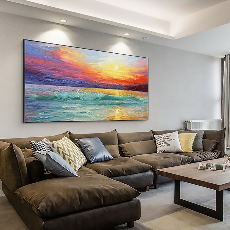 Vibrant Coastal Sunset: Oil Painting of Serene Beach and Colorful Sky