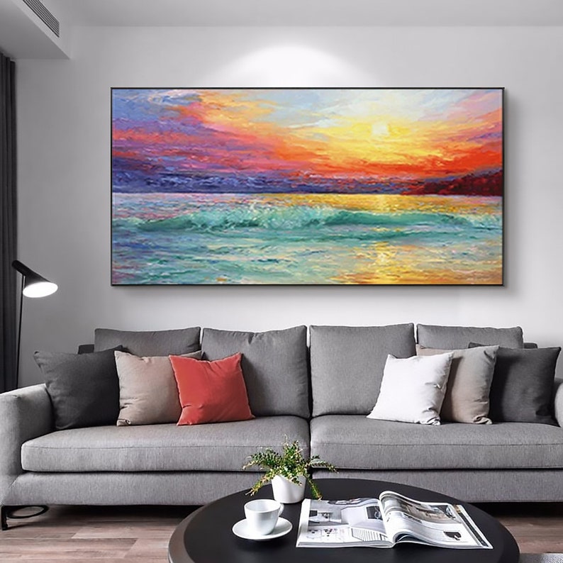 Vibrant Coastal Sunset: Oil Painting of Serene Beach and Colorful Sky