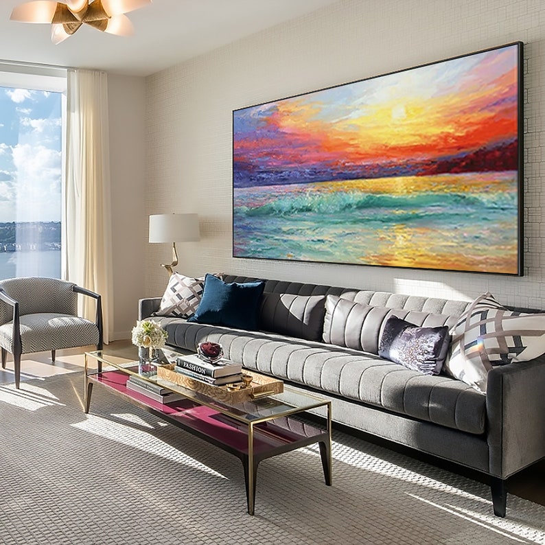 Vibrant Coastal Sunset: Oil Painting of Serene Beach and Colorful Sky
