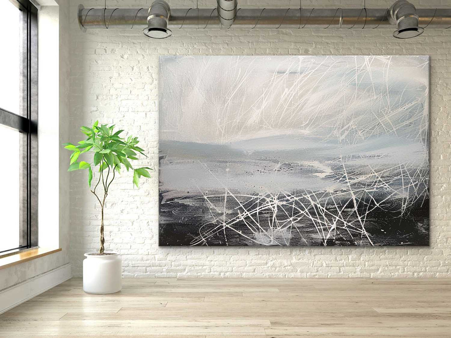 Contemporary Abstract Oil Painting with Dynamic Lines and Soft Color Palette