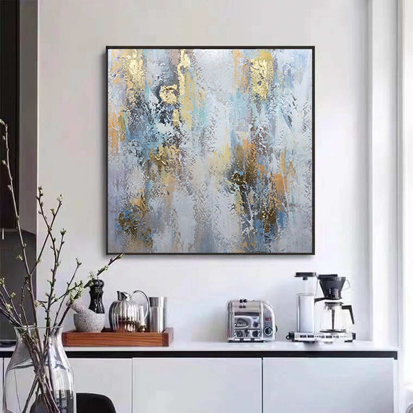 Breathtaking Abstract Landscape in Cool Blues and Golds - Stunning Wall Art