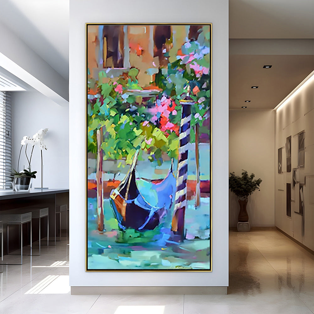 Charming Venetian Gondola with Vibrant Flowers - Colorful Oil Painting