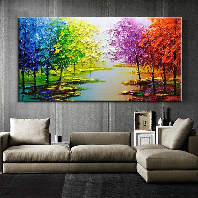 Vibrant Landscape Oil Painting with Colorful Trees and Reflective Water