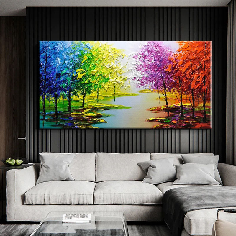 Vibrant Landscape Oil Painting with Colorful Trees and Reflective Water