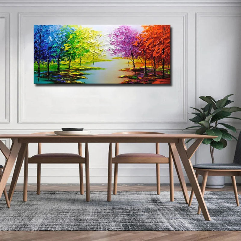 Vibrant Landscape Oil Painting with Colorful Trees and Reflective Water