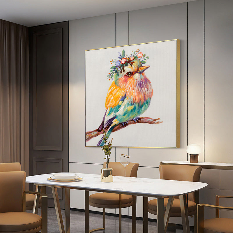 Vibrant Colorful Robin Bird Oil Painting with Floral Crown for Home Decor