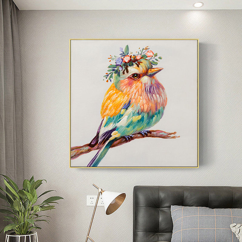 Vibrant Colorful Robin Bird Oil Painting with Floral Crown for Home Decor